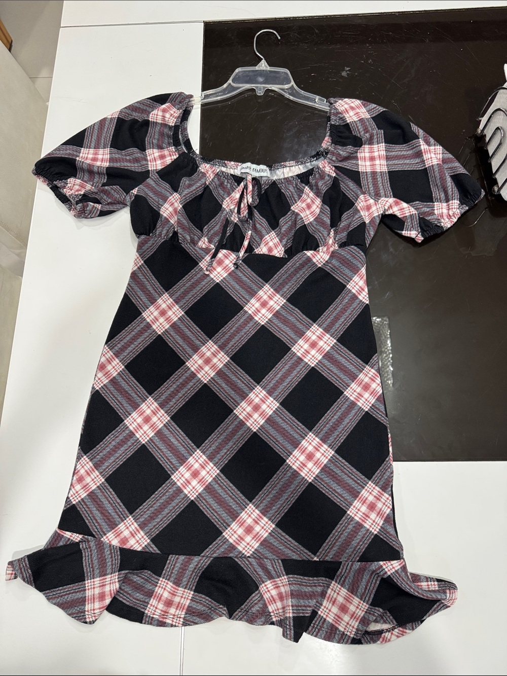 Almost Famous Black and Pink Plaid Ruffle-Hem Peasant-Style Dress